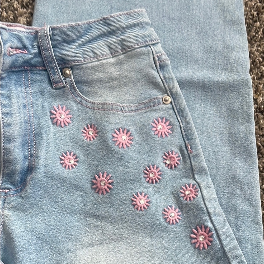 1st Kiss Light Blue Wide Leg Jeans with Pink Floral Accents - Picture 2 of 9